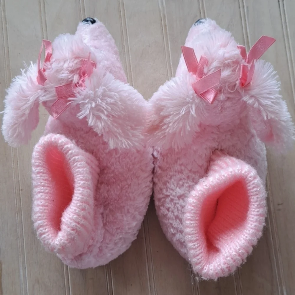 Adorable Pink Poodle Girl's Warm Sock Slippers Fun Playful Fluffy (Size 5-6)